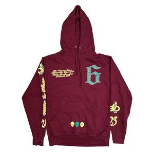 JID Rapper The Forever Story Emrbroidered Burgundy Fleece Hoodie Mens Small